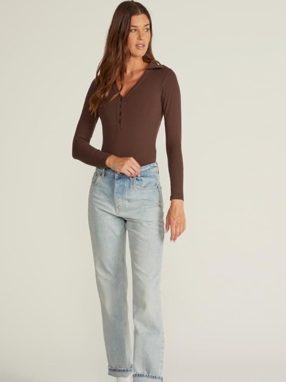 NWT  BYLT Ribbed Long Sleeve Bodysuit with Built-In Bra – brown L - Picture 2 of 8